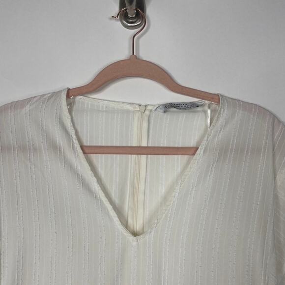 2/$30 ZARA Asymmetric Dress XS Striped White V-Neck Short Sleeve Textured #5637 - Picture 4 of 16